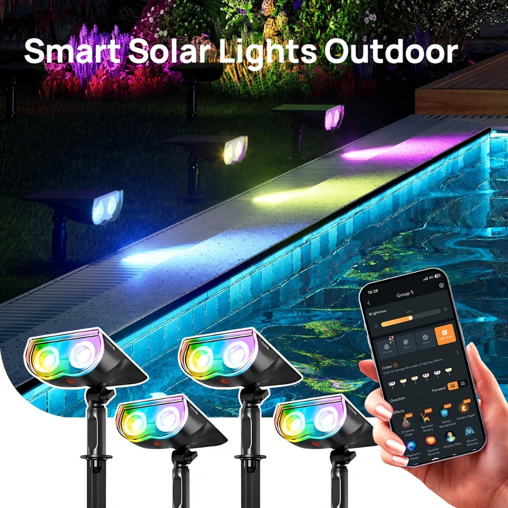 Solar Outdoor Spotlights RGB Smart Color Changing, App & Voice Control, Music Sync, 16M Colors, 14H Battery