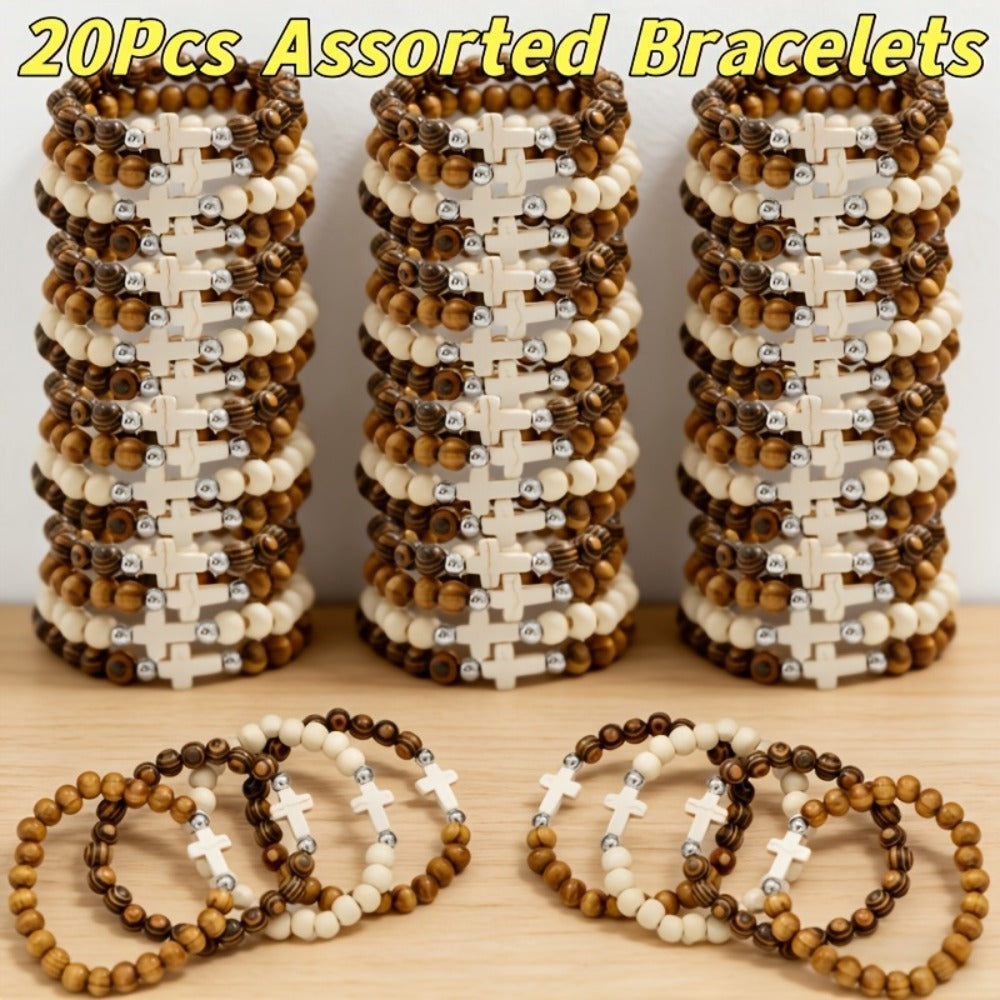 Cross Bracelets Bulk for Baptism Party Favors, 20/40PCS Vintage Ethnic Alloy Cross Pendant Woven Elastic Bracelets