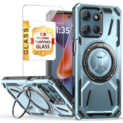 Phone Case Ring Stand Cover with Tempered Glass Protector for Moto G Power 5G 2025 in Five Colors