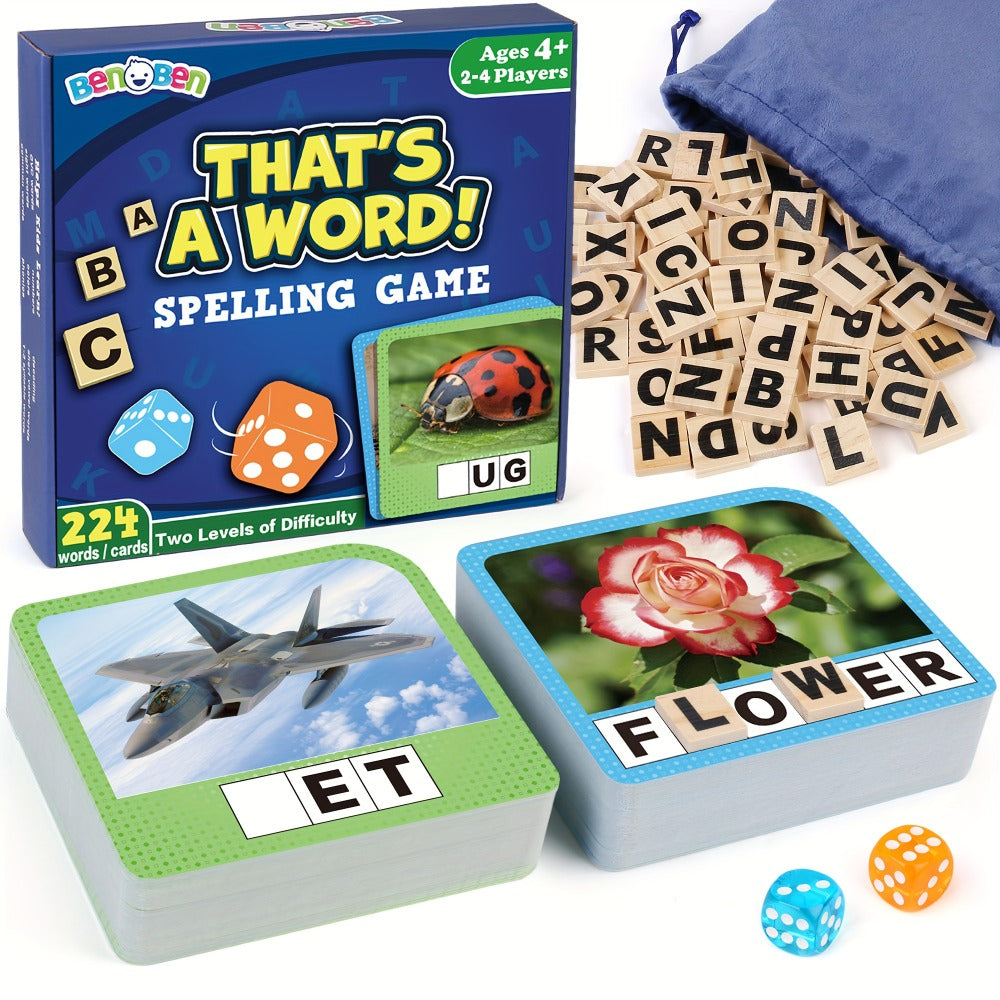 Spelling Flash Card Game for Kids Ages 4-8 – 224 Phonics Sight Word Flashcards, 208 Wood Letter Tiles & Dice