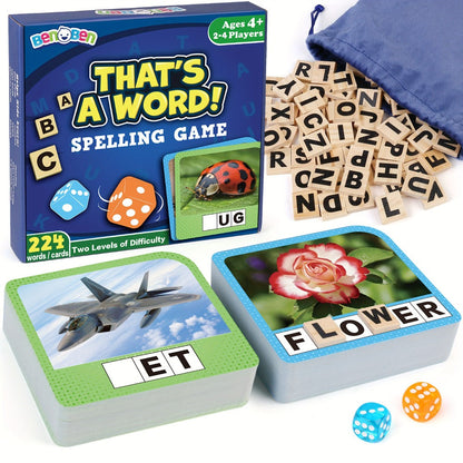Spelling Flash Card Game for Kids Ages 4-8 – 224 Phonics Sight Word Flashcards, 208 Wood Letter Tiles & Dice