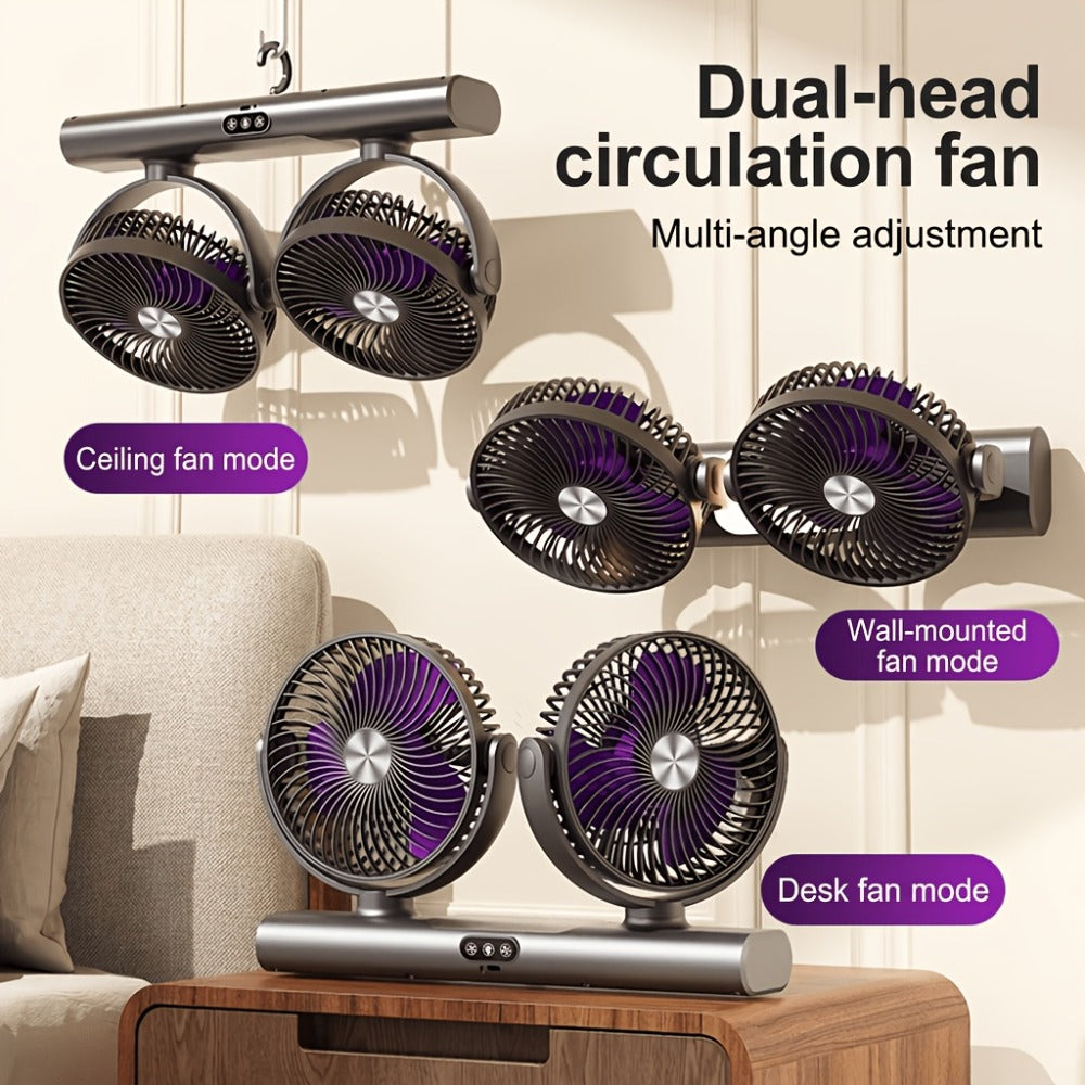Double Head Air Circulation Fan USB Rechargeable, Desktop & Wall-Mounted 3-Speed Dual-Head Fan with Atmosphere Night Light