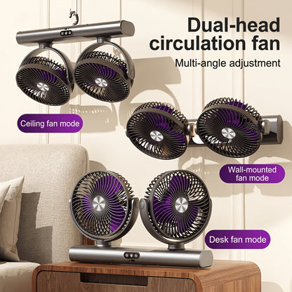 Double Head Air Circulation Fan USB Rechargeable, Desktop & Wall-Mounted 3-Speed Dual-Head Fan with Atmosphere Night Light