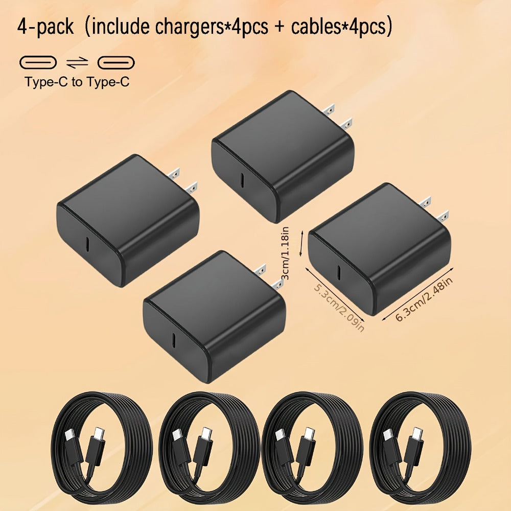 Four-Pack USB-C Wall Charger Bundle with Four Black Charging Blocks and Four Type-C Cables