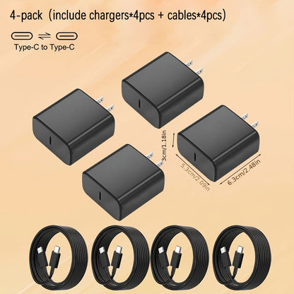 Four-Pack USB-C Wall Charger Bundle with Four Black Charging Blocks and Four Type-C Cables