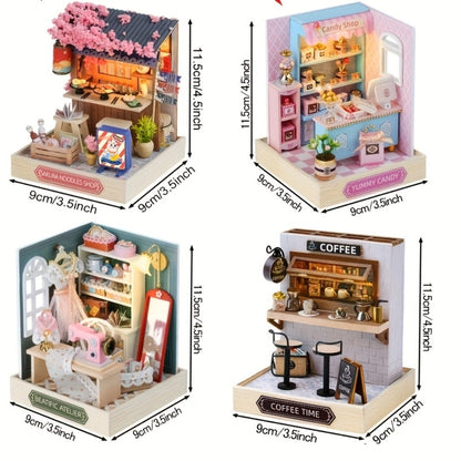 DIY Miniature Shop Dollhouse Kit with Dust Cover, Wooden Mini Store Assembly Set, 4 Themes Sakura Noodles Candy Atelier Coffee