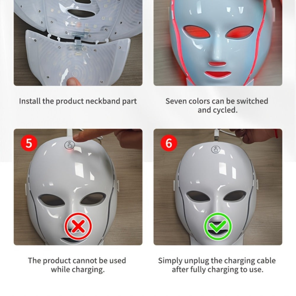 7-Color LED Light Therapy Facial Mask Device, Skincare Beauty Tool for Face & Neck, USB Rechargeable