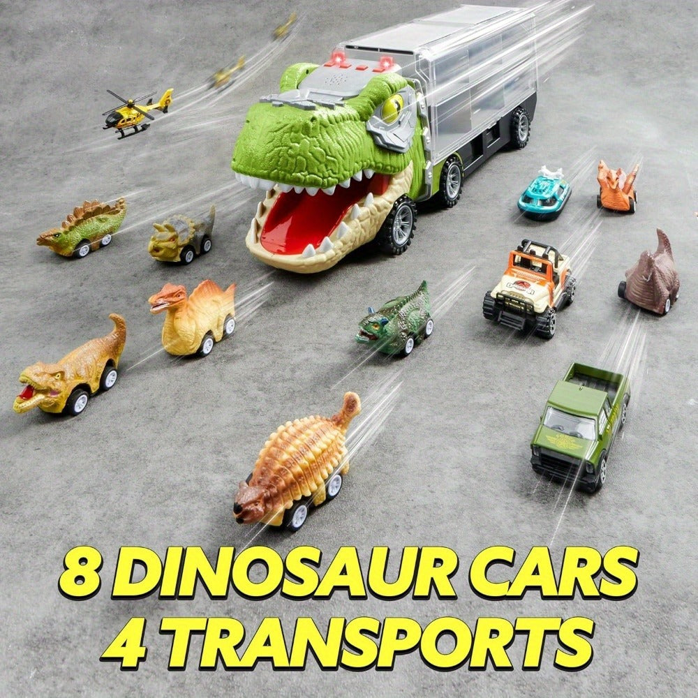 Dinosaur Truck Toy Set 13 PCS, Transport Carrier Truck with Lights & Sounds + 8 Pull-Back Cars + 3 Die-Cast Dino Vehicles + Helicopter