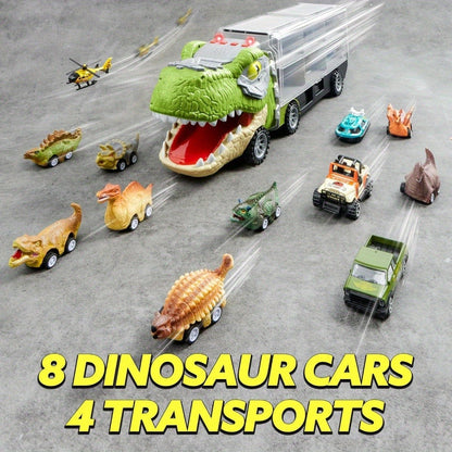 Dinosaur Truck Toy Set 13 PCS, Transport Carrier Truck with Lights & Sounds + 8 Pull-Back Cars + 3 Die-Cast Dino Vehicles + Helicopter