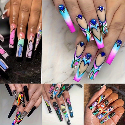 Press On Nails 120-Piece Extra-Long Five-Box Cosmic Eye Rhinestone Matte Floral Stripe Set with Glue