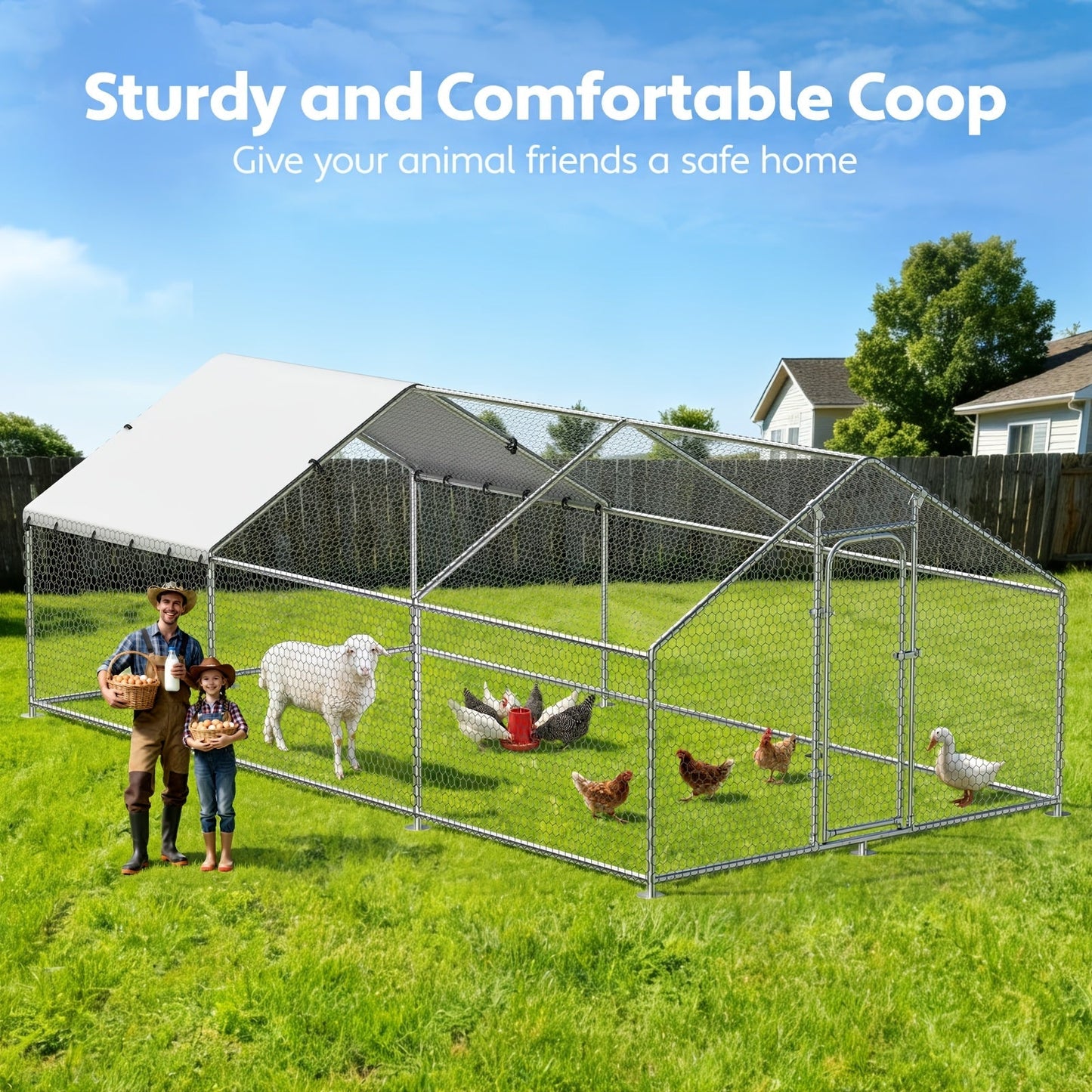 Dog Kennel Outdoor Large Metal Walk-in Chicken Run Pen Poultry Cage with Anti-UV Cover Movable Rack for Garden, Patio and Yard Use