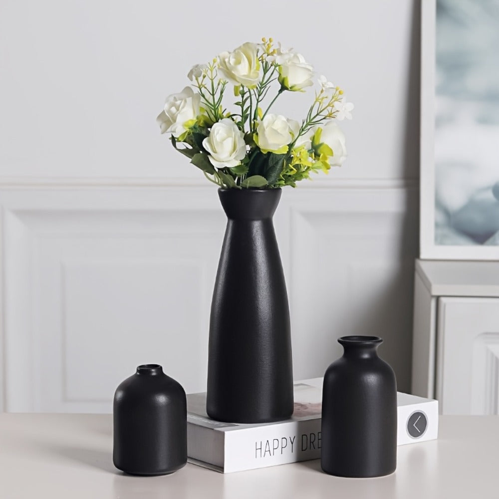 Boho Ceramic Vase Set 3pcs - Matte Nordic Minimalist Geometric Floral Design for Home Decor, Living Room