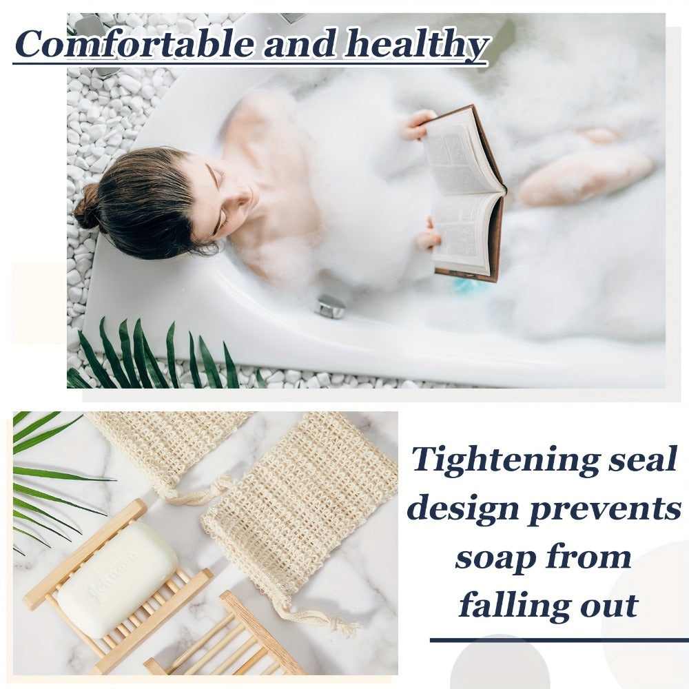 Soap Exfoliating Mesh Bag with Wooden Holder Set 60 Pcs, Natural Sisal Bath Scrubber Bags & Rectangle Wood Soap Dish for Shower