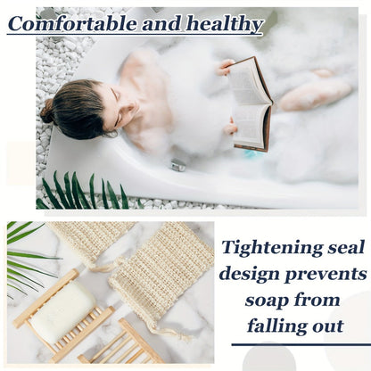 Soap Exfoliating Mesh Bag with Wooden Holder Set 60 Pcs, Natural Sisal Bath Scrubber Bags & Rectangle Wood Soap Dish for Shower