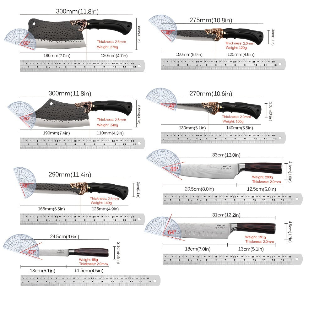 Kitchen Knife Set 8-Piece 5Cr15MoV Stainless Steel with Hammered Blades, Wood-Style Handles and Shears Options