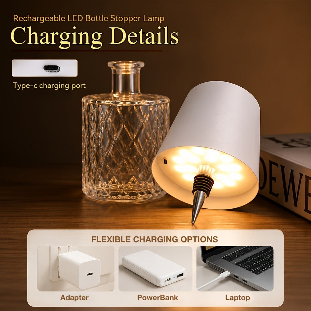 Table Lamp with Rechargeable Bottle-Top LED Shade, Three Color Temperatures, Touch Dimming and Five Options