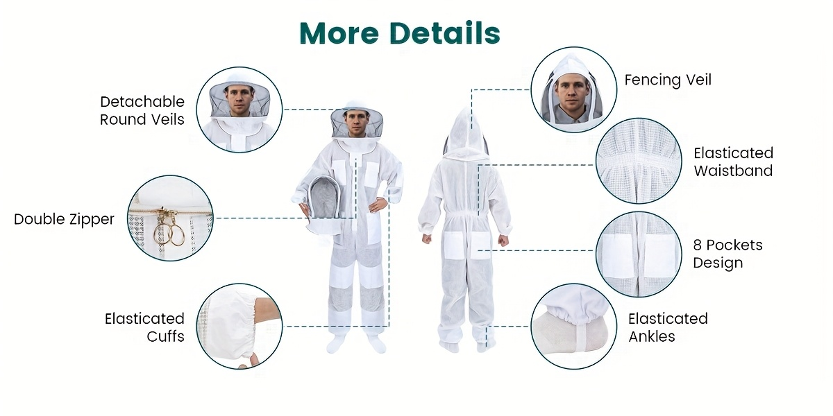 Beekeeping Suit Triple Layer Sting-Resistant Gloves 2 Veils S-3XL for Garden, Patio and Yard Use