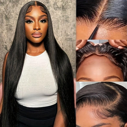 Glueless Straight Human Hair Wig 4x4 Lace Closure Pre-Plucked Natural Hairline Versatile Parting Natural Black 12-28 Inch Women No Glue