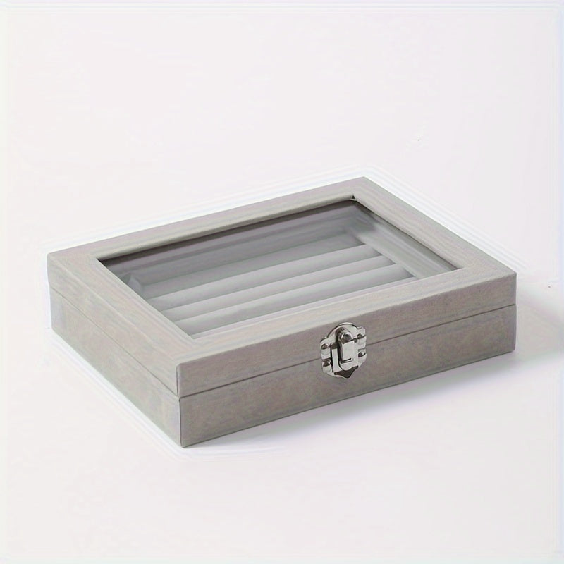 Jewelry Box with Locking Lid – 49-Ring Capacity Glass-Like Plastic Ring & Earring Organizer, Large Rectangular Storage Case