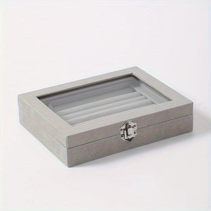 Jewelry Box with Locking Lid – 49-Ring Capacity Glass-Like Plastic Ring & Earring Organizer, Large Rectangular Storage Case