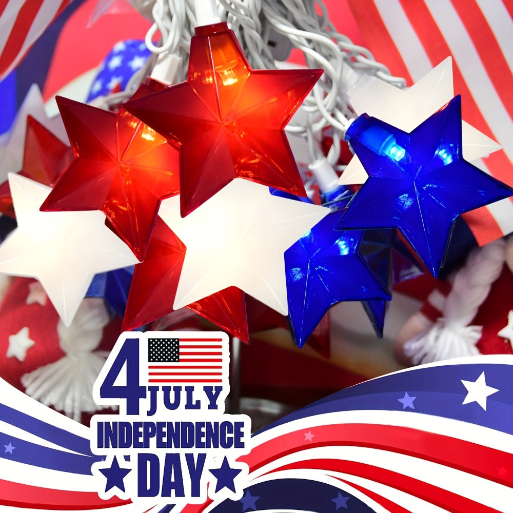 String Lights, Red White and Blue Star Lights with Plug-In Power, 8.5- or 12-Foot Length and 10 or 20 LEDs