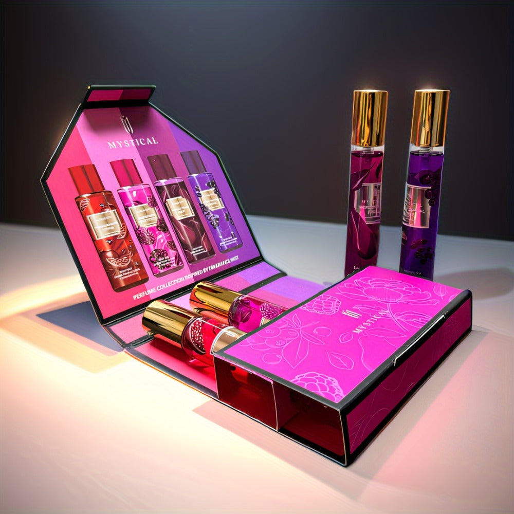 Perfume Gift Set MYSTICAL Four 20ml Eau de Parfum Spray Bottles with Gold Caps in Pink Floral Box