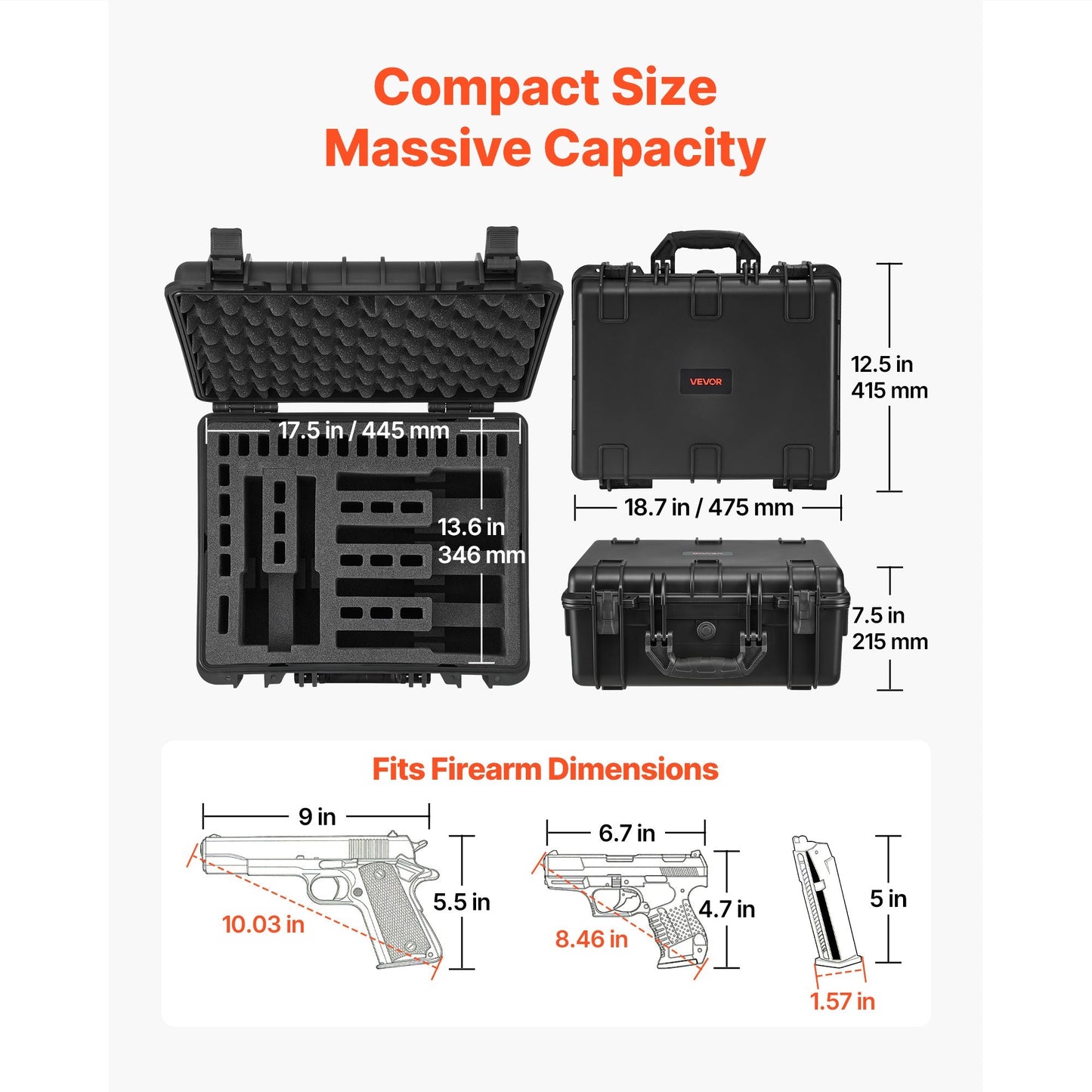 Hard Gun Case with Modular XPE Foam Interior – Heavy Duty Pistol Storage Box with Metal Hinges, 4 Lock Holes & Pressure Valve