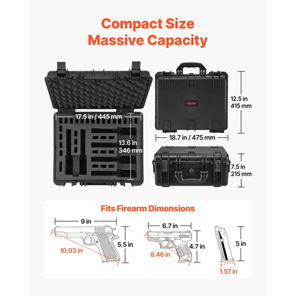 Hard Gun Case with Modular XPE Foam Interior – Heavy Duty Pistol Storage Box with Metal Hinges, 4 Lock Holes & Pressure Valve