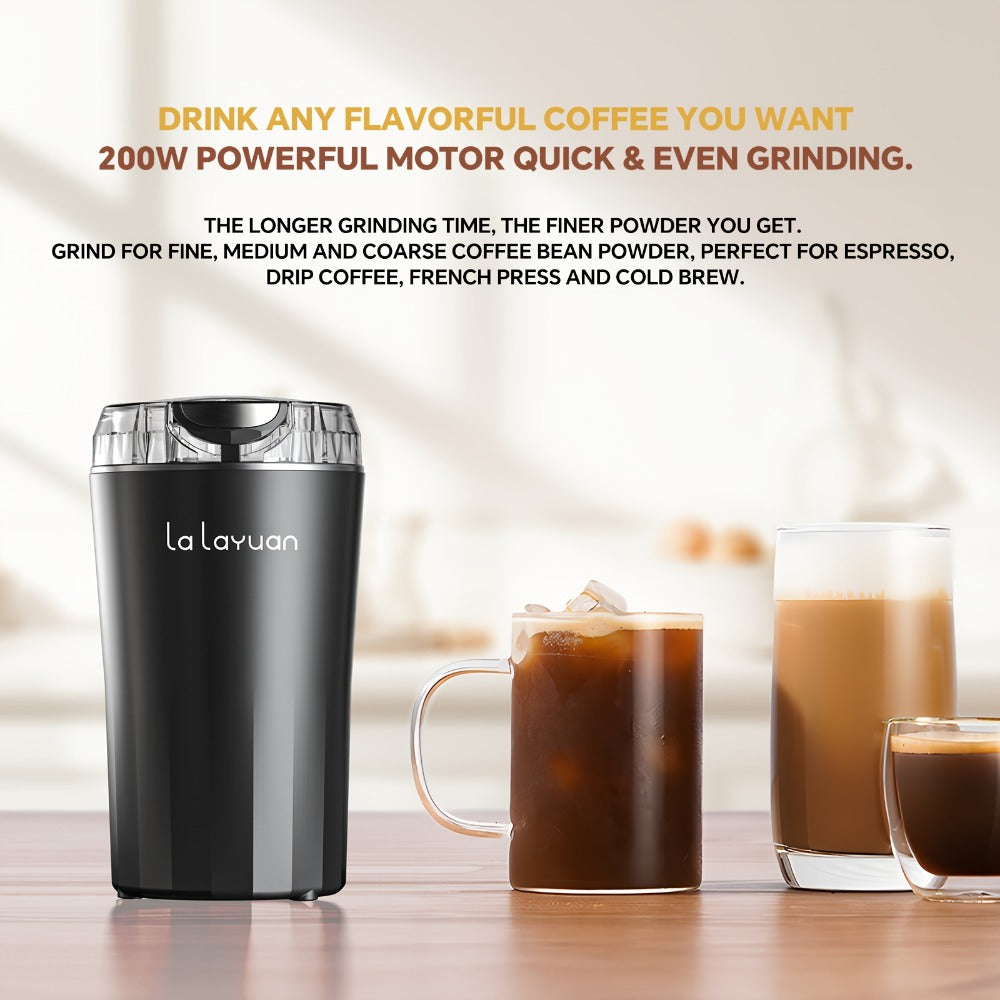 200W-Labeled Electric Coffee Grinder with Press-Lid Control, Two-Leaf Blade and Three Housing Options