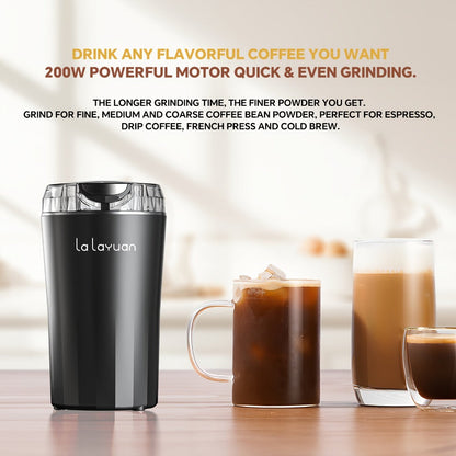 200W-Labeled Electric Coffee Grinder with Press-Lid Control, Two-Leaf Blade and Three Housing Options