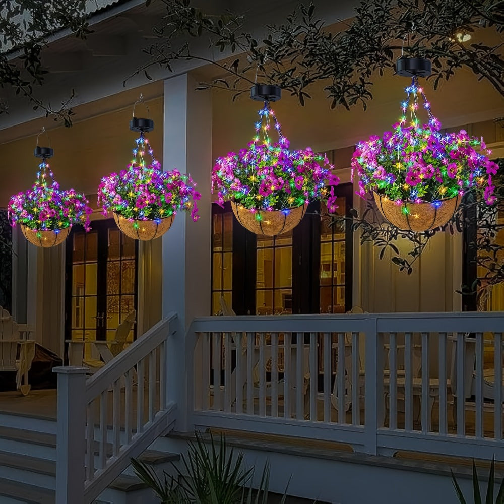 Solar Hanging Flower Basket with RGB String Lights, 10 Inch Artificial Flowers, Dusk-to-Dawn Auto On