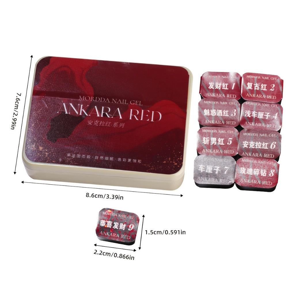 Gel Nail Polish Nine-Piece Ancola Red Solid Gel Set for Gradient and Ombre Nail Art in One Grid Case