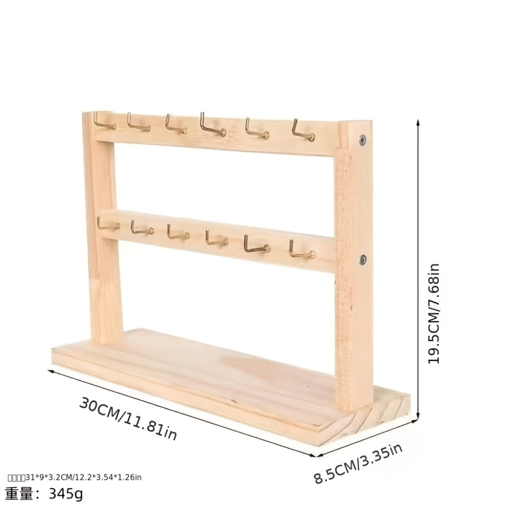 Jewelry Display Stand Multi-Layer Wooden Earring Holder Rack with Hooks Desktop Organizer for Entryways, Bedrooms and Living Spaces