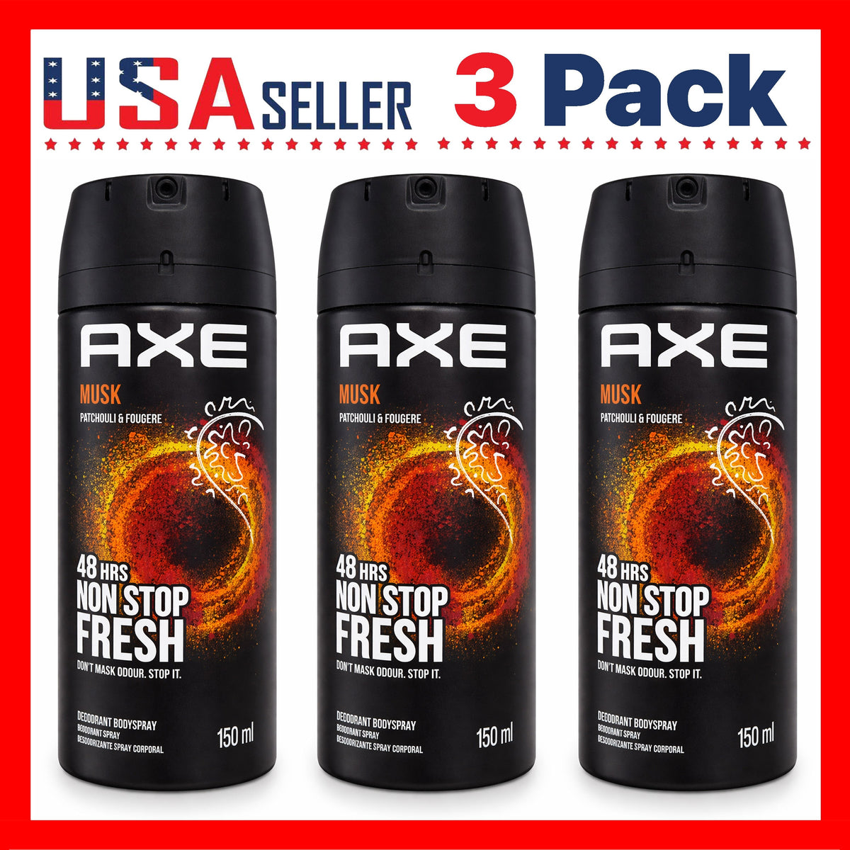 AXE Musk Body Spray Three-Pack with 150ml Black Aerosol Cans, Musk Scent Label and 5 oz Marking