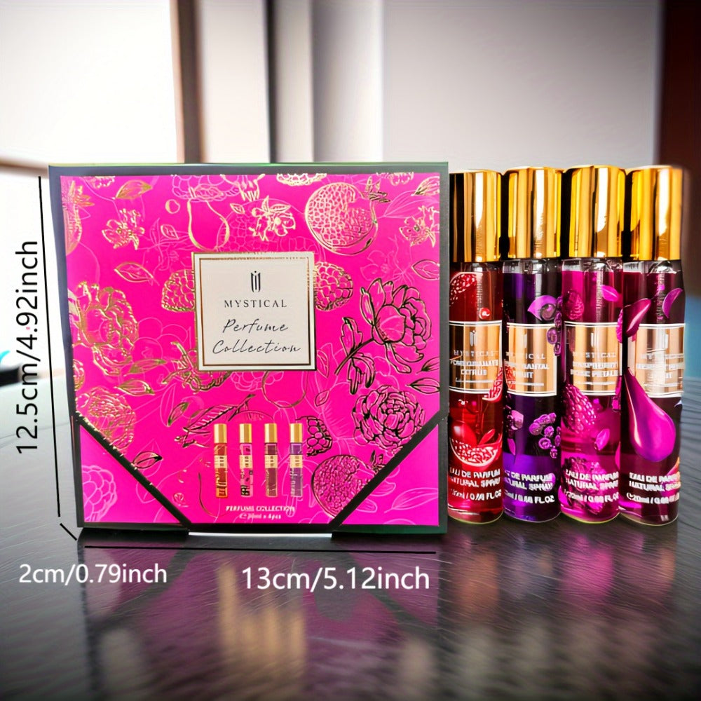 Mystical Women's Perfume Gift Set 4 Piece Travel Size 20ml - Fresh Fruity Unisex Scent - Mini for Bath Time, Home Spa and Personal Care