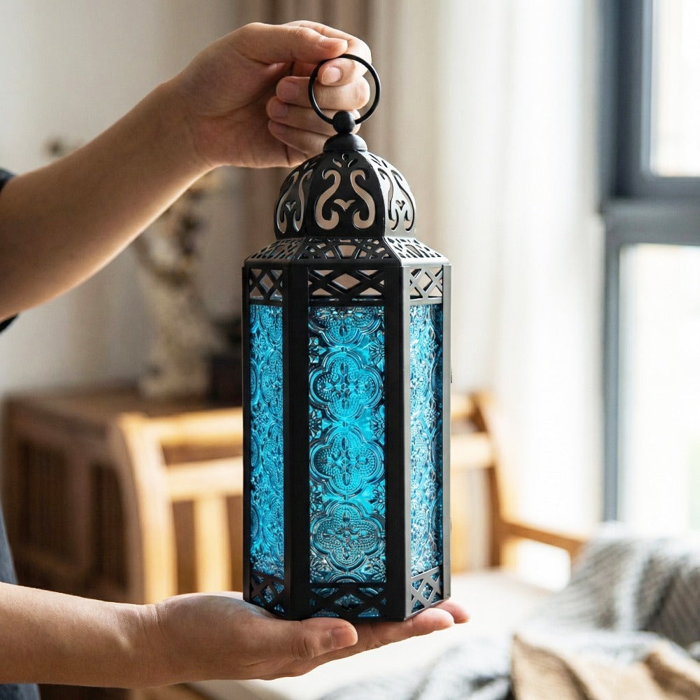 Moroccan Candle Lantern Holder - Decorative Metal & Glass Lantern with Embossed Floral Design for Indoor Home Decor