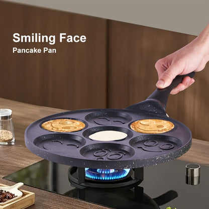 7-Hole Non-Stick Pancake Pan Smiley Face, Aluminum Alloy Breakfast Maker with Detachable Handle for Gas Stove