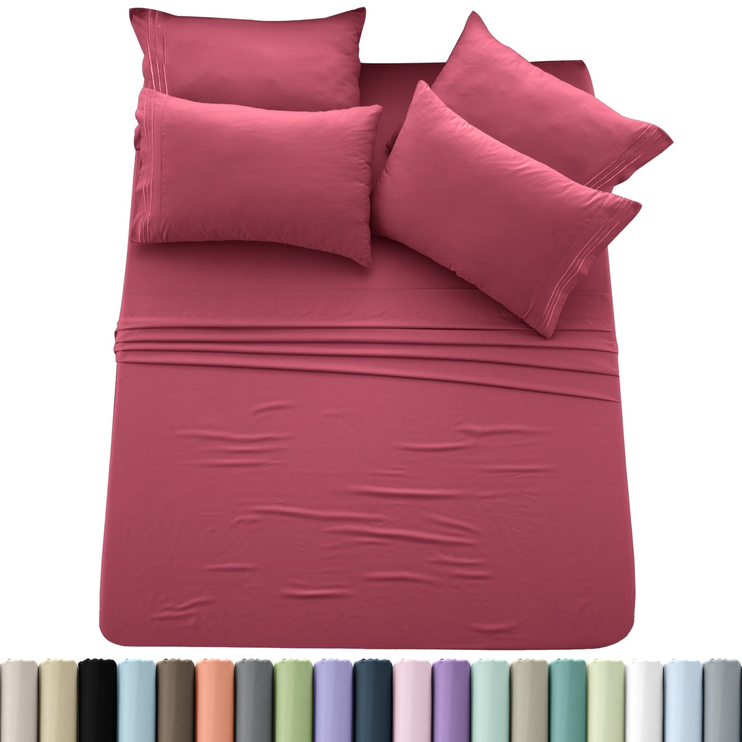 Sheet Set, Six-Piece Brushed Polyester Bedding with 16-Inch Fitted Pocket, Four Pillowcases and Twenty Colors