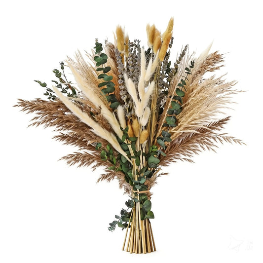 Boho Pampas Grass Dried Flower Arrangement, Lavender Eucalyptus Bouquet with Gemstone Accents for Home Decor