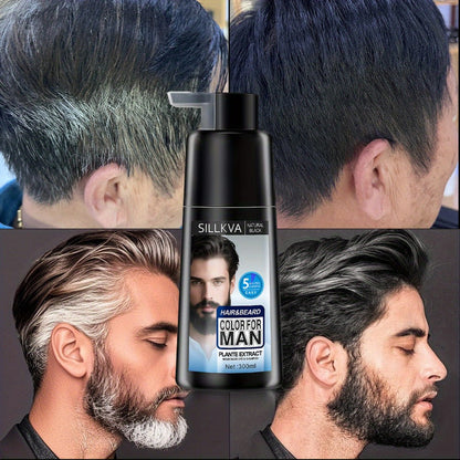 Men's 3-in-1 Black Hair & Beard Dye Shampoo, 8-Minute Gray Coverage, Ammonia-Free Natural Color