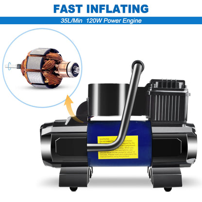 150 PSI 12V Tire Inflator with Analog Pressure Gauge, Carry Bag, Hose Accessories and Yellow or Blue Housing