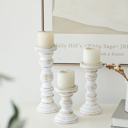Wood Pillar Candle Holder Set of Three with Turned Pedestal Profiles, 16cm, 23cm and 30cm Heights in Three Finishes