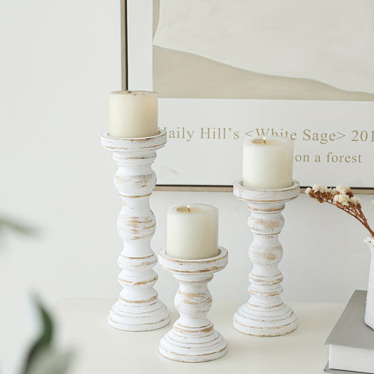 Wood Pillar Candle Holder Set of Three with Turned Pedestal Profiles, 16cm, 23cm and 30cm Heights in Three Finishes