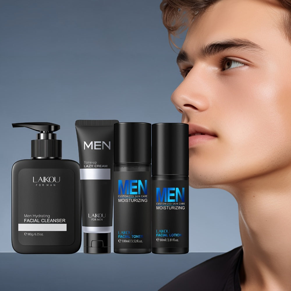Skincare Set with LAIKOU Label, 4 Men’s Products with Cleanser Toner Lotion and Tone-Up Cream