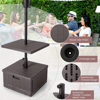 Patio Umbrella Base 3-in-1 Fillable with Table Tray & Planter Box Wheeled Stand Fits 1.5"/1.9" Poles for Garden, Patio and Yard Use