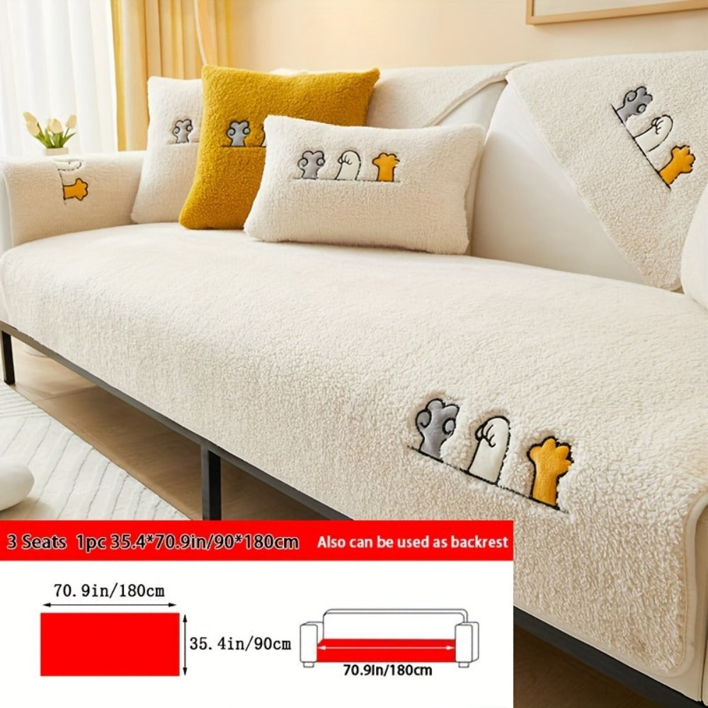 Sofa Cover Thick Plush Shearling Panels with Animal and Bone Embroidery and Backing Detail for 2 to 4 Seats
