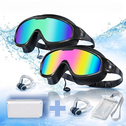 Mirrored Swimming Goggles with Nose Clip, Earplugs and Case in Gold, Pink or Two-Pair Gold-and-Pink Options