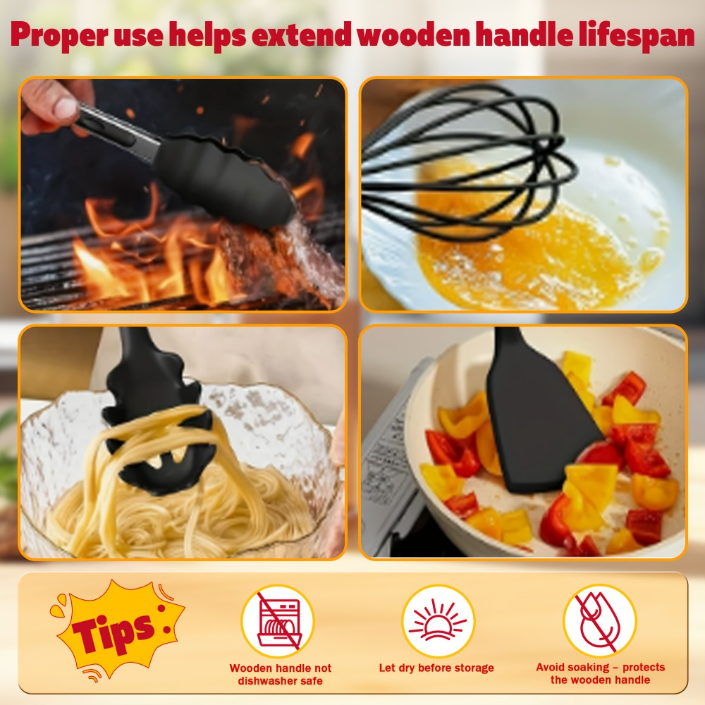 Silicone Kitchen Utensil Set 12PCS with Wooden Handle – Heat Resistant Non-Stick Safe for Home Cooking, Dining and Outdoor Meals