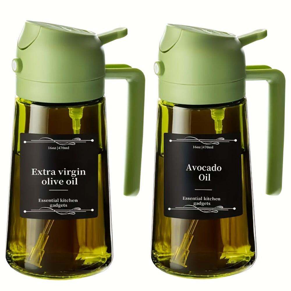 Olive Oil Dispenser Bottle 2-in-1 Glass Oil Sprayer & Dispenser 16oz Kitchen Cooking Oil Bottle with Labels for BBQ, Salad