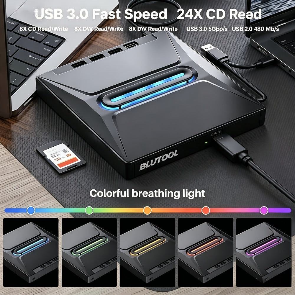 7-in-1 External DVD Drive USB 3.0 with 4 USB Ports & Dual TF/SD Card Reader - High-Speed CD/DVD Burner for Laptop Mac PC